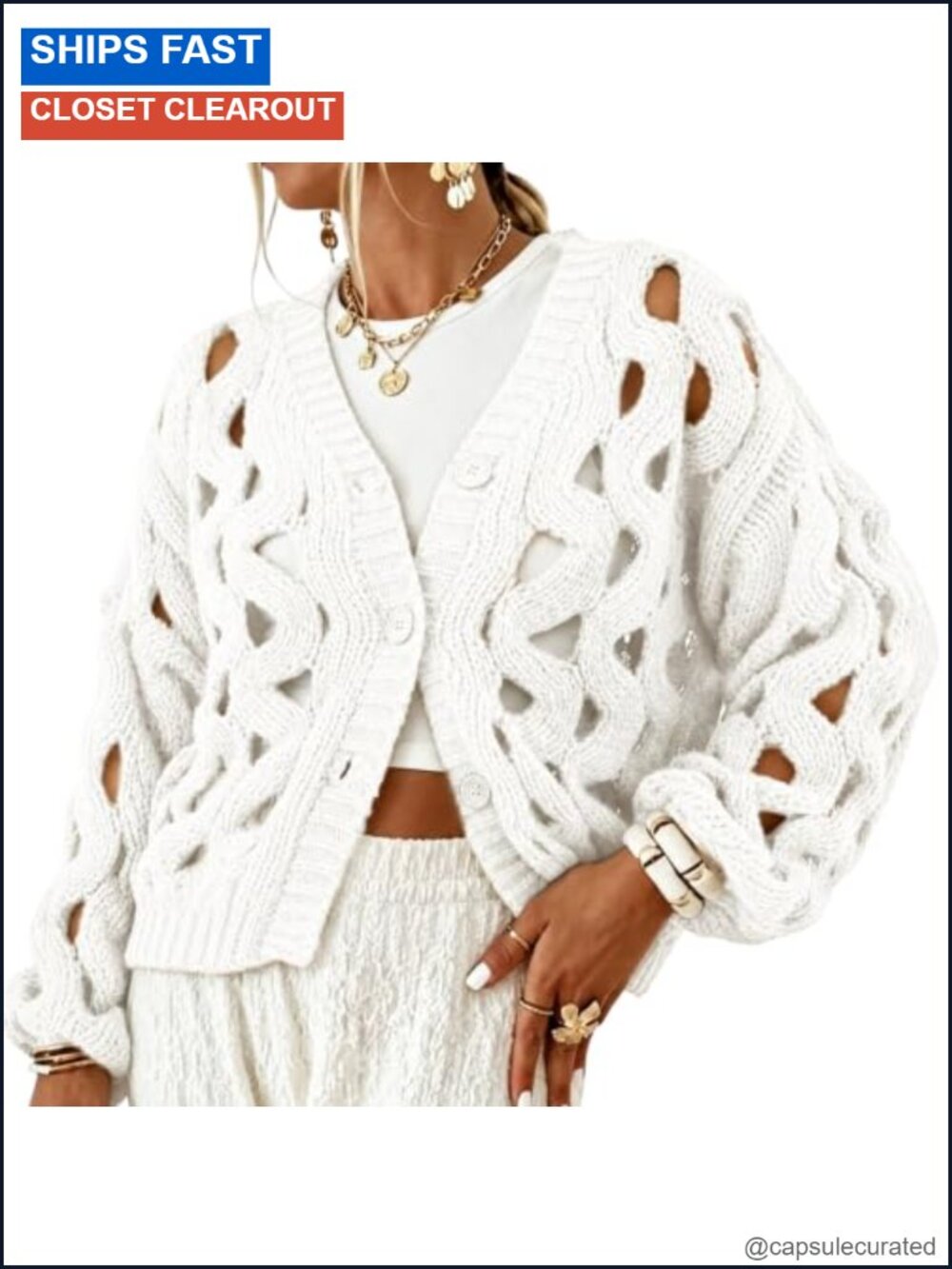 Crochet Cardigan Sweater Hollow Out Chunky Knit Oversized V-Neck